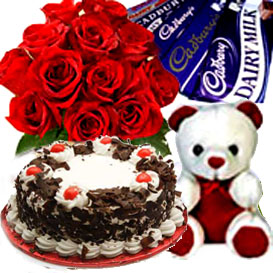 Bunch Roses, Cake, & Chocolate & Small Teddy