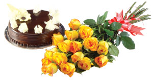 Bunch of 15 Yellow Roses & 1kg Chocolate Cake
