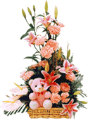 Arrangement of 4 Lilys & 15 carnations with cute teddy