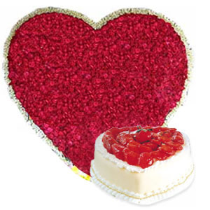 Heart Shape Arrangement of 200 Red Roses & 1KG Strawberry Cake