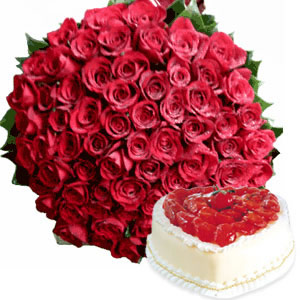 Bunch of 100 Red Roses & 1KG Strawberry Cake