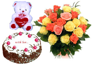 Bunch of 15 Mix Roses & 1/2KG Black Forest Cake & Small Teddy