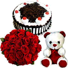 Bunch of 10 Red Roses & 1/2KG Black Forest Cake & Small Teddy