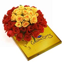 Bunch of 30 Red & Yellow Roses with Big Pack of Cadbury Celebration