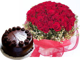  Bunch of 50 Red Roses in Net Packing & 1KG Chocolate Cake 