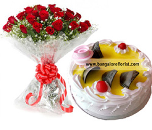 10 Red Roses Bunch  & 1/2KG Pineapple Cake