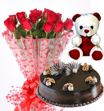 Teddy Bear with 1/2 kg Chocolate Truffle Cake & 10 Roses Bunch