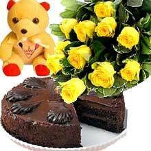 Bunch of 15 Yellow Roses & 1/2KG Chocolate Cake & Small Teddy