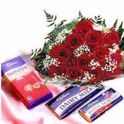 Bunch of 12 Red Roses & 10 Small Dairy Milk Chocolates