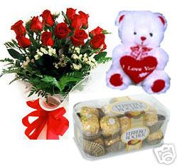 Bunch of 15 Red Rose & Small Teddy with 16 Pec Rocher Chocolate