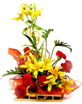 One Sided Arrangement of 3 Yellow Lilly & 15 Red Carnation.